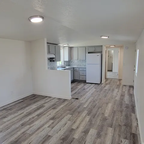 Open-concept living area featuring wood-finish flooring, a kitchen with grey cabinetry, a tile backsplash, and recessed lighting