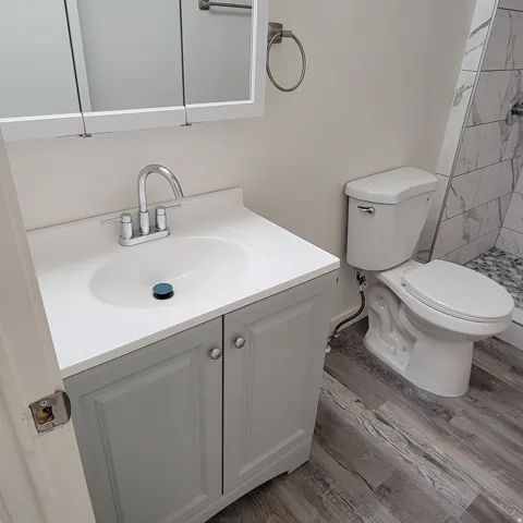 Bathroom featuring a light gray vanity with white countertop and integrated sink, chrome-finish faucet, white toilet, and gray wood-finish flooring