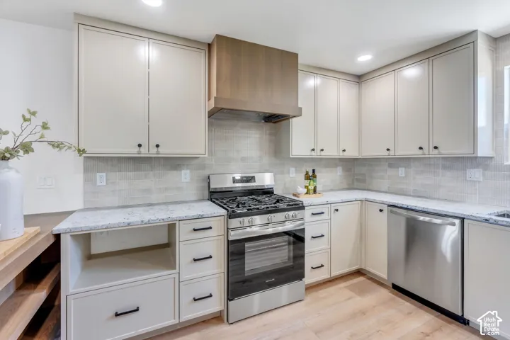 Modern kitchen featuring light-toned cabinetry, stainless steel appliances, speckled countertops, a tile backsplash, and wood-finish flooring