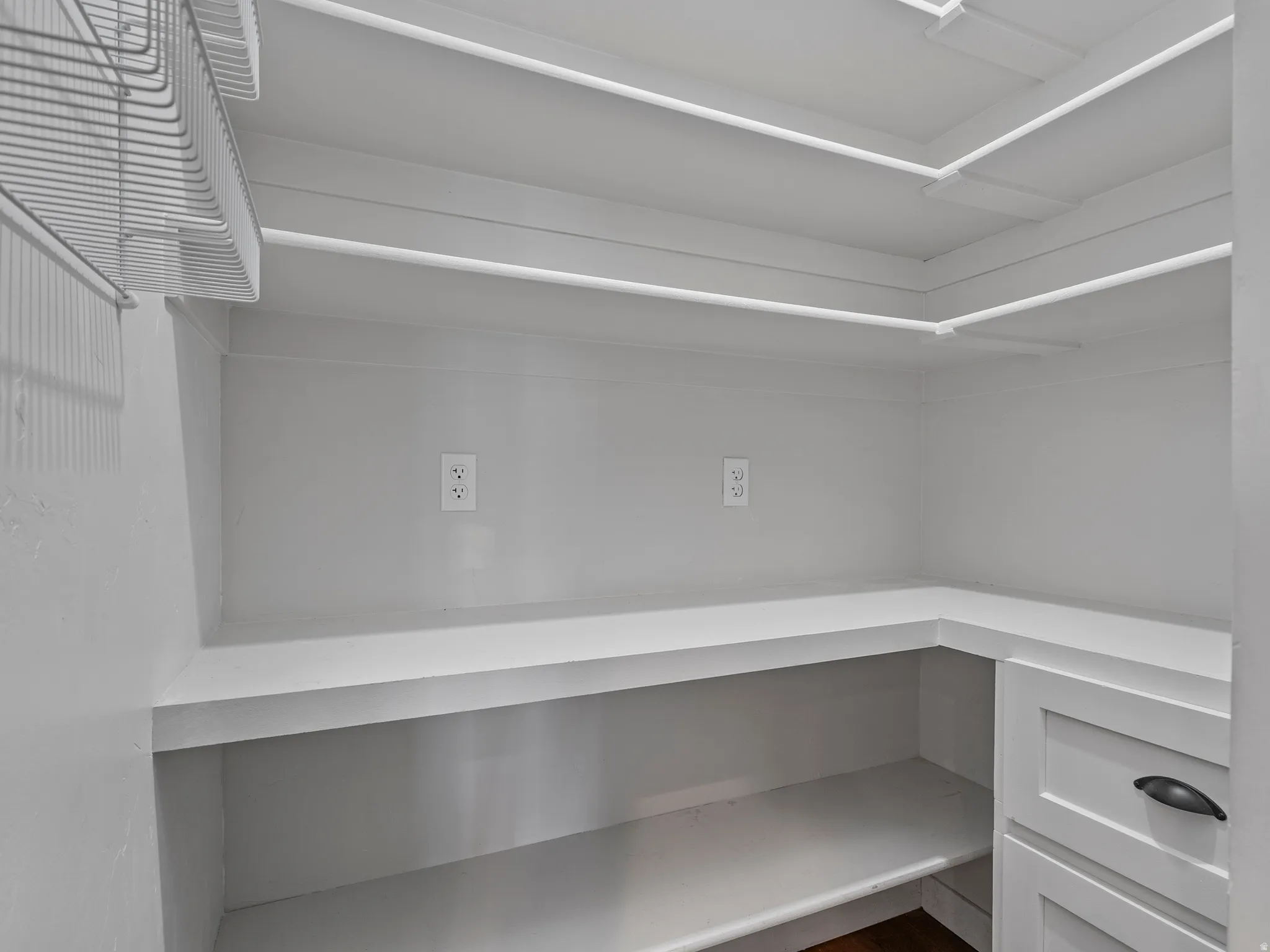 Pantry with built-in shelving, wire rack storage, multiple electrical outlets, and cabinetry with dark hardware