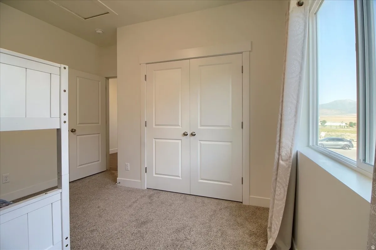 Spacious bedroom with dual closet doors featuring six-panel construction, neutral carpet flooring, and large window with natural light and scenic countryside backdrop