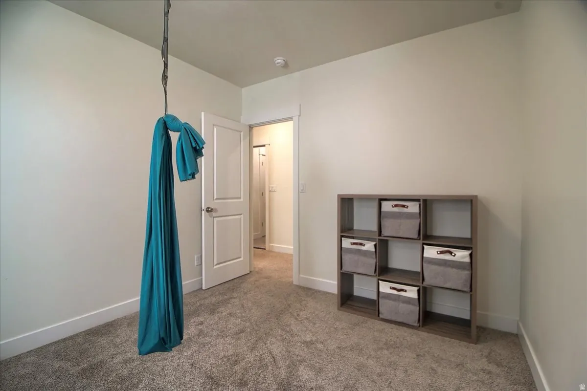 Carpeted room featuring light-toned walls, white trim, and a ceiling-mounted fixture