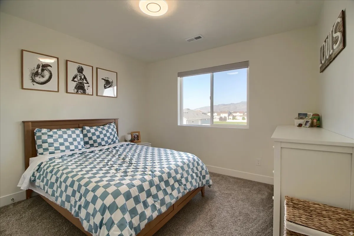 Spacious bedroom featuring neutral wall tones, plush gray carpeting, a large window with roller shade, and a contemporary ceiling light fixture