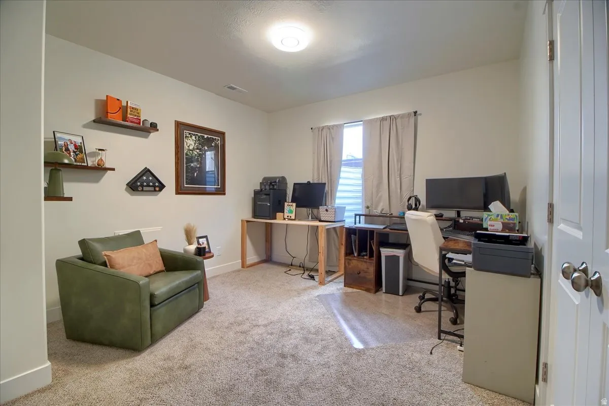 Carpeted room featuring a ceiling-mounted light fixture, a window with horizontal blinds, and a white paneled door