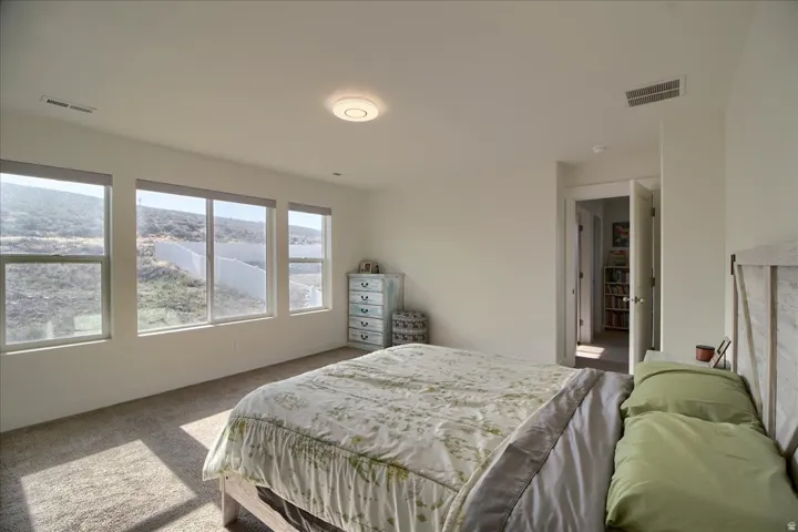 Bright interior space featuring three large windows, light neutral wall paint, and textured carpeting
