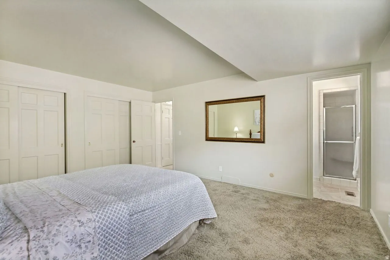Spacious primary bedroom featuring carpeted flooring, vaulted ceilings, and abundant natural light