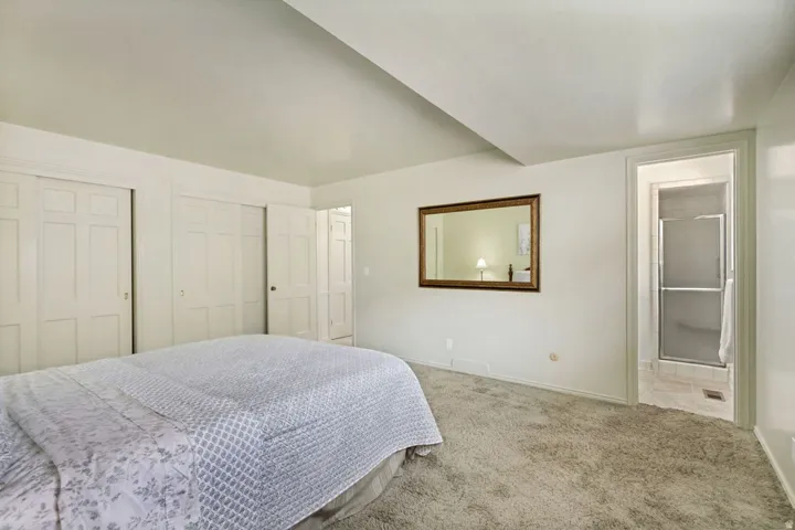 Spacious primary bedroom featuring carpeted flooring, vaulted ceilings, and abundant natural light
