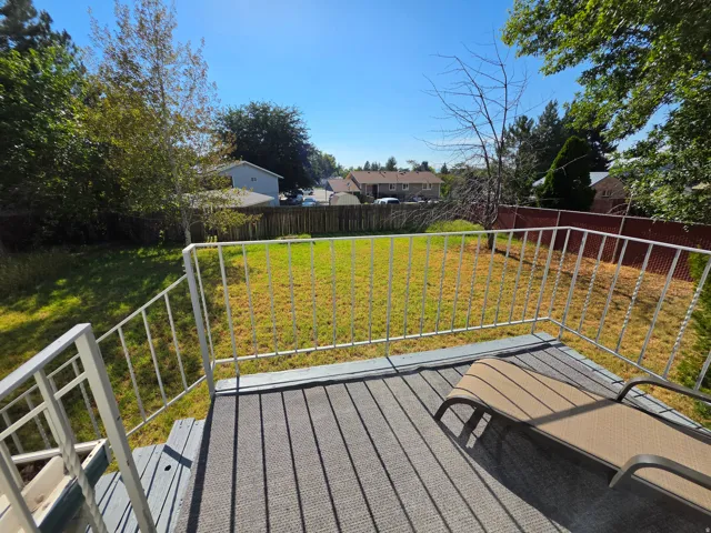 Expansive backyard featuring a manicured lawn, established trees, and perimeter fencing