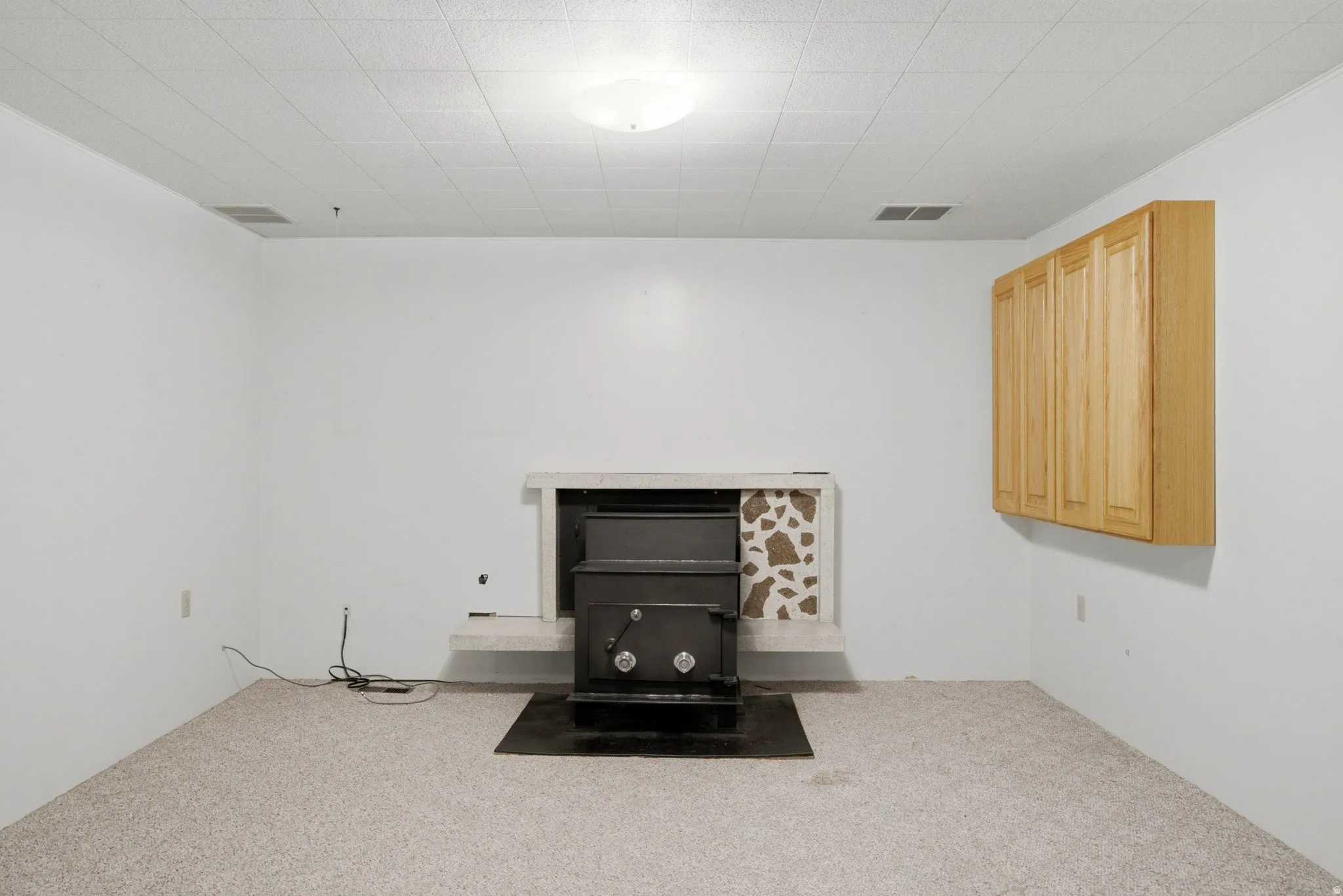 Carpeted room featuring a wood-burning stove with a decorative stone-patterned surround