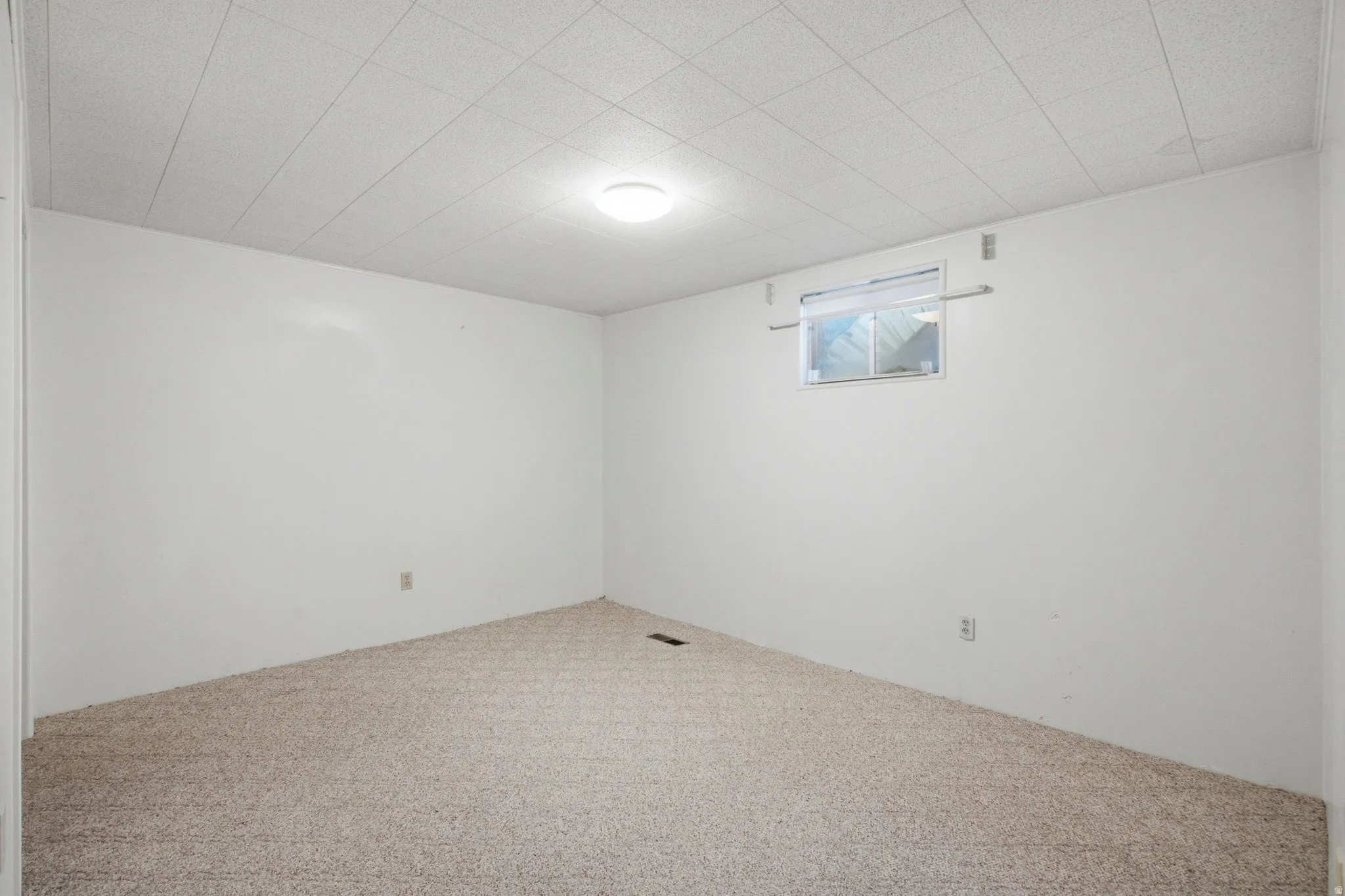 Carpeted room featuring white painted walls and a drop-panel ceiling