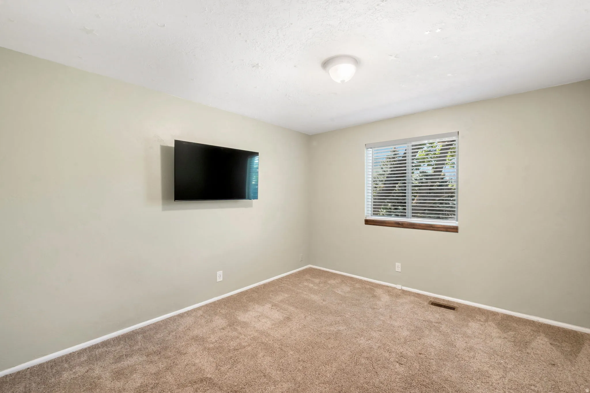 Carpeted room featuring a window with blinds, a ceiling-mounted light fixture, and a wall-mounted display
