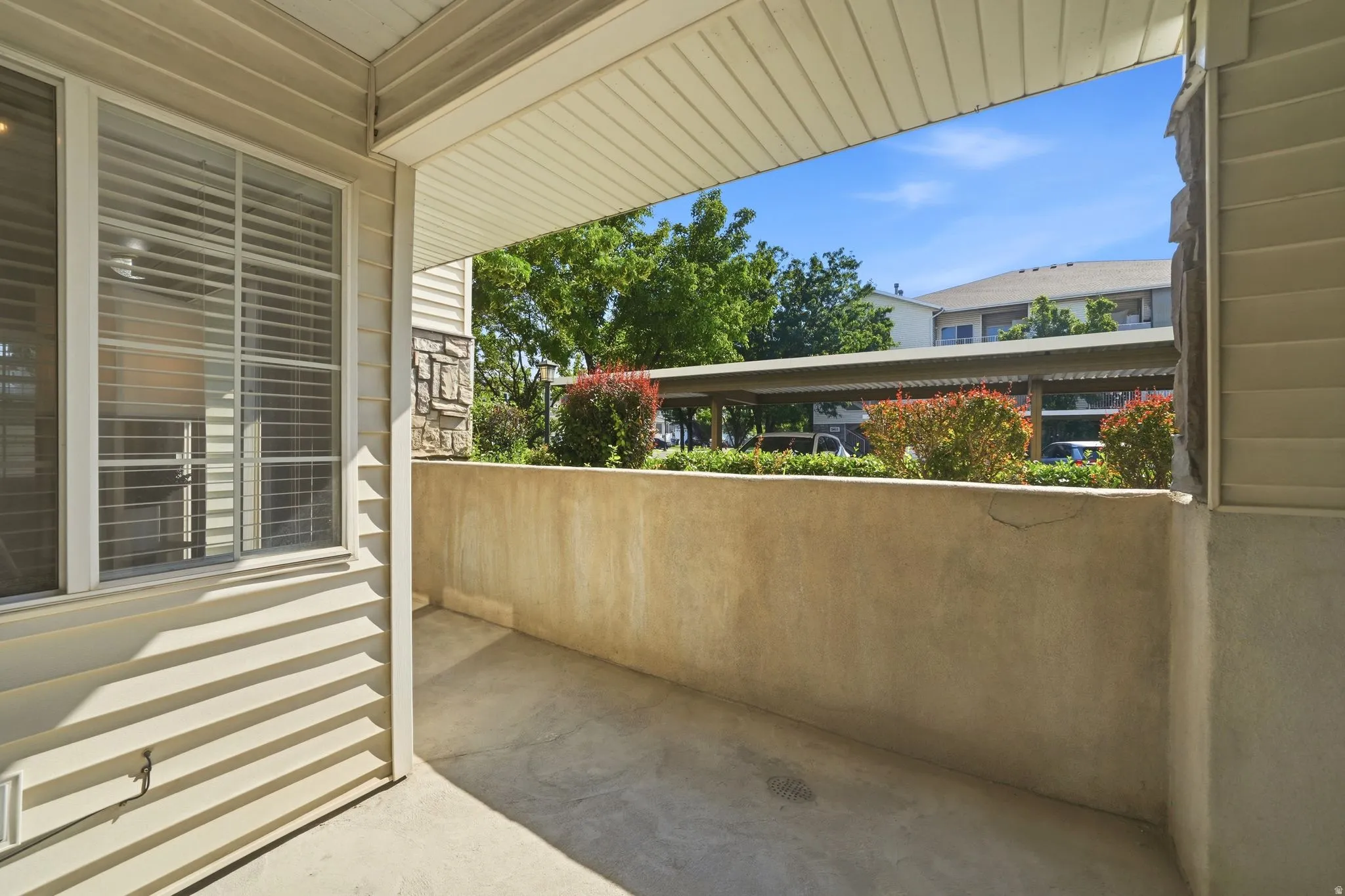 Covered patio with concrete flooring and perimeter concrete wall, offering a sheltered outdoor entertaining space