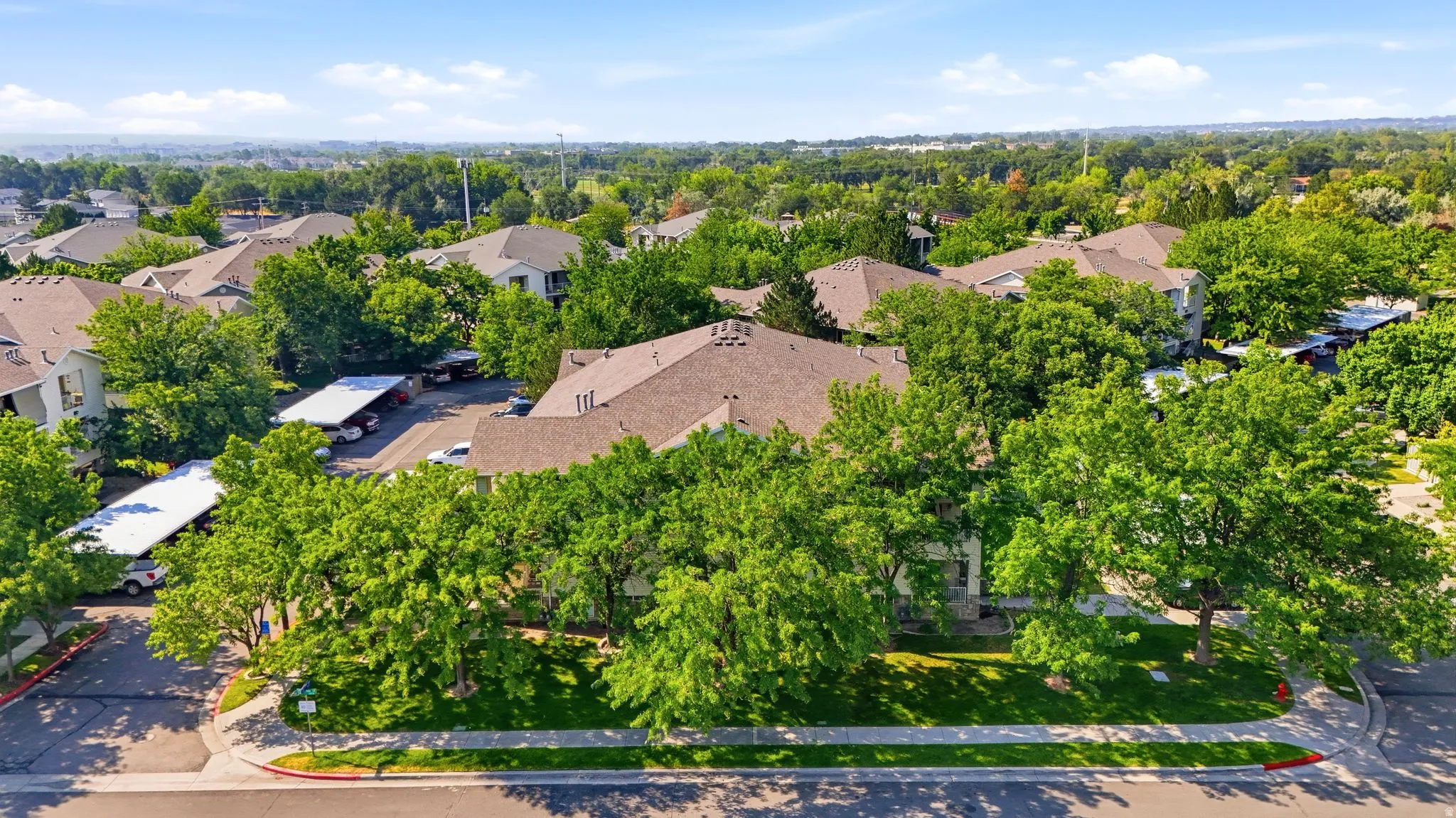 Aerial view showcasing this residential property featuring mature landscape trees, manicured lawn, and substantial lot size
