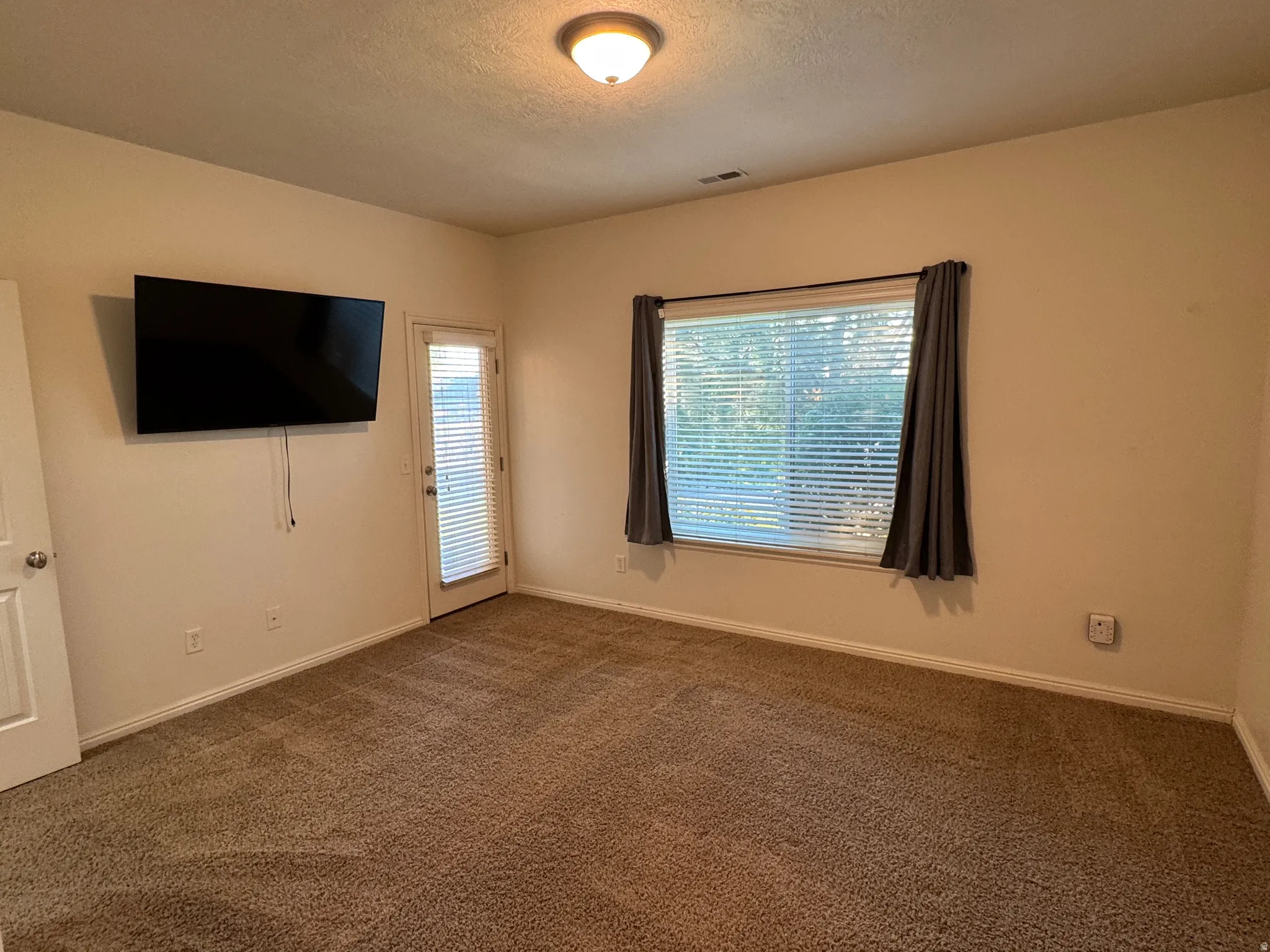 Carpeted interior space with a door featuring integrated blinds, a window with horizontal blinds, and a ceiling-mounted light fixture