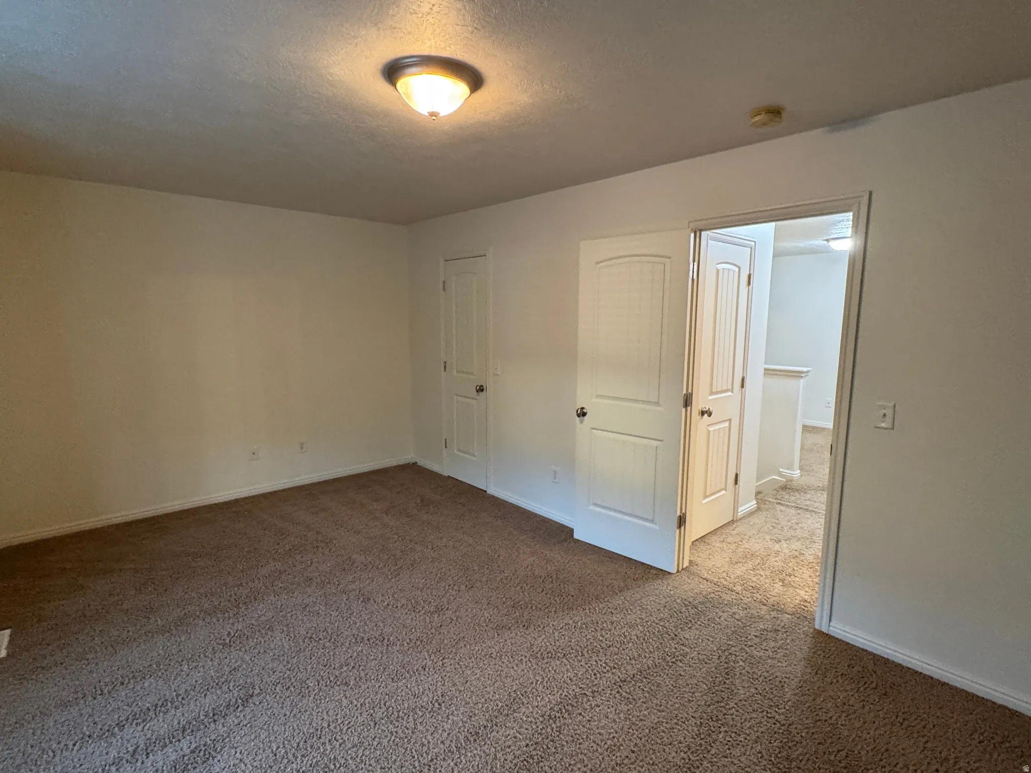 Spacious primary bedroom featuring neutral wall finishes, carpeted flooring, ceiling-mounted light fixture, and dual closet access with mirrored sliding doors