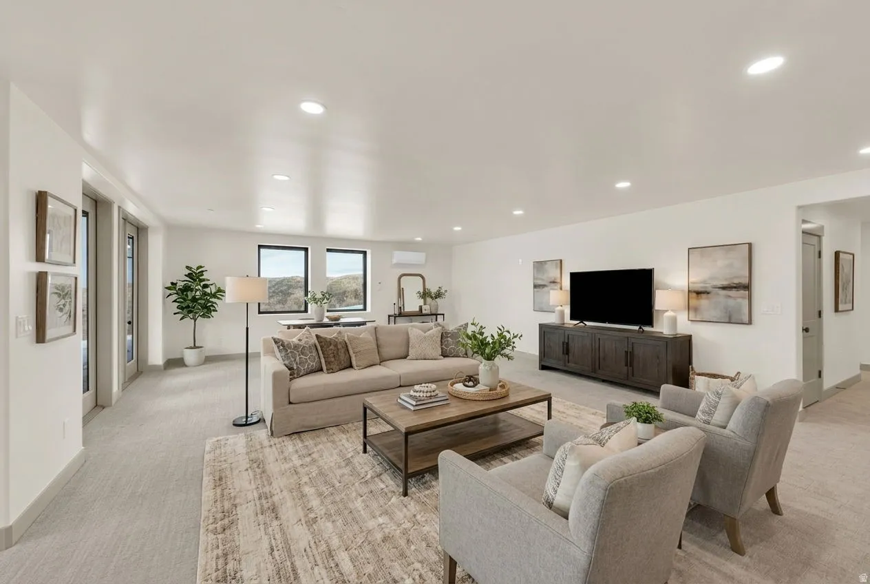Daylight basement family room with walk-out French doors...virtually staged