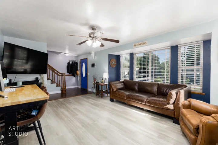 Light wood-finish flooring complements the interior space