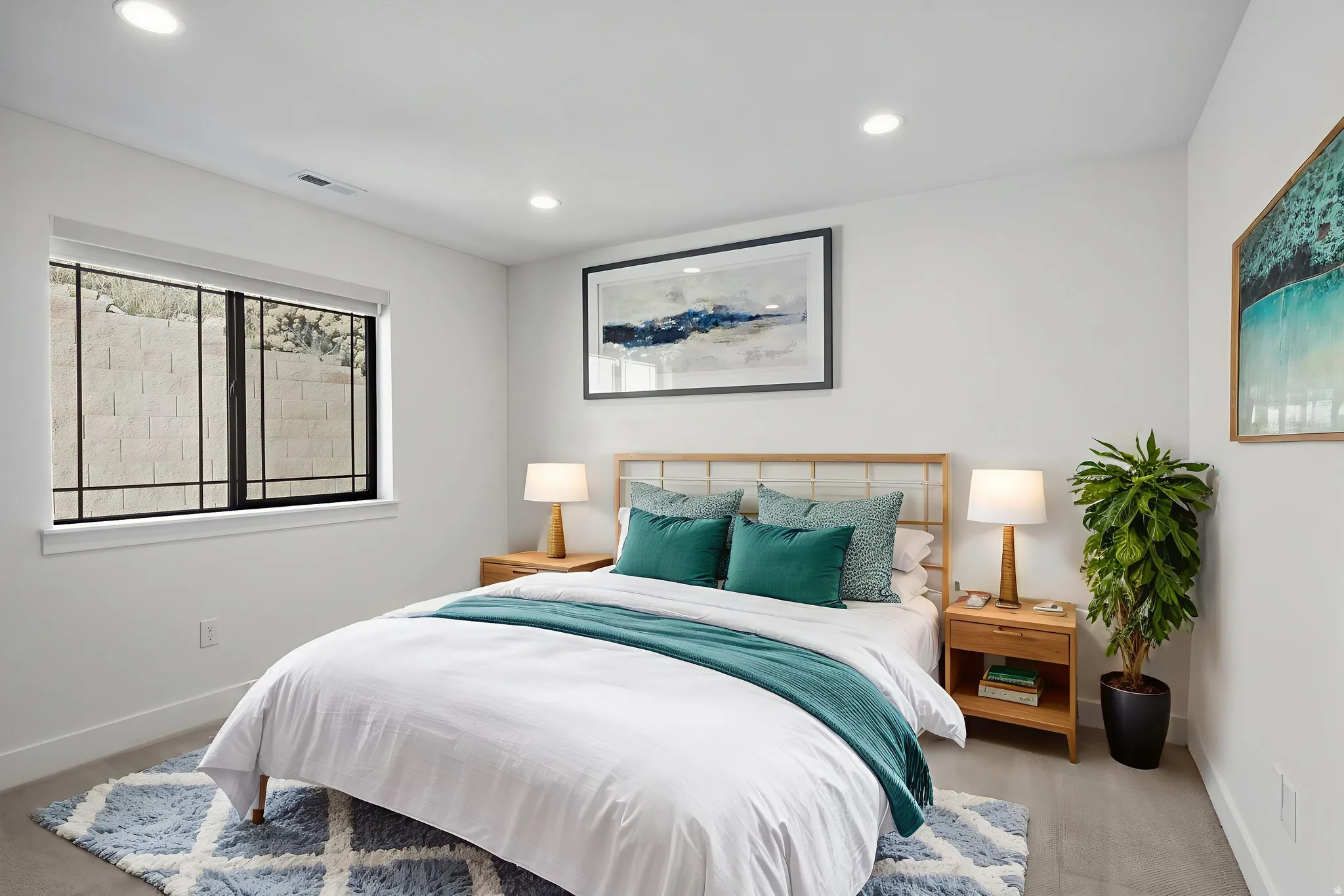 Recessed lighting illuminates this bright room featuring a window with security bars, light-toned flooring, and crisp white walls