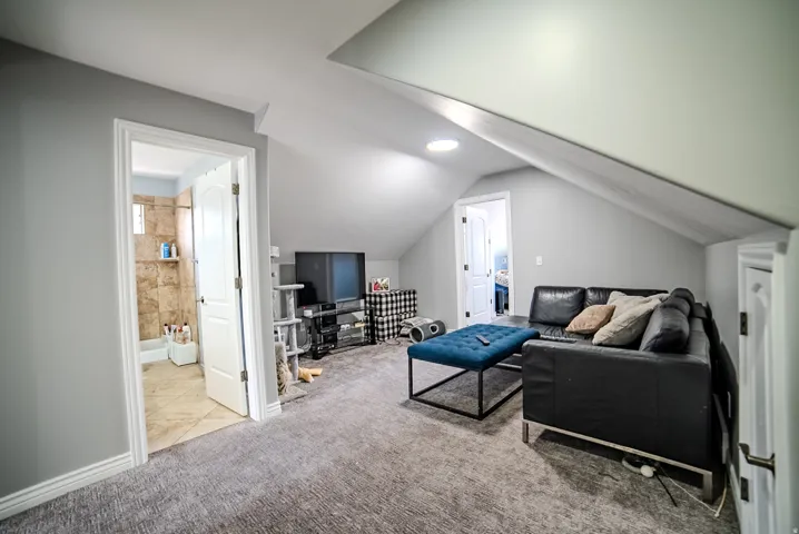 Carpeted living area featuring a skylight, sloped ceilings, and light gray wall paint