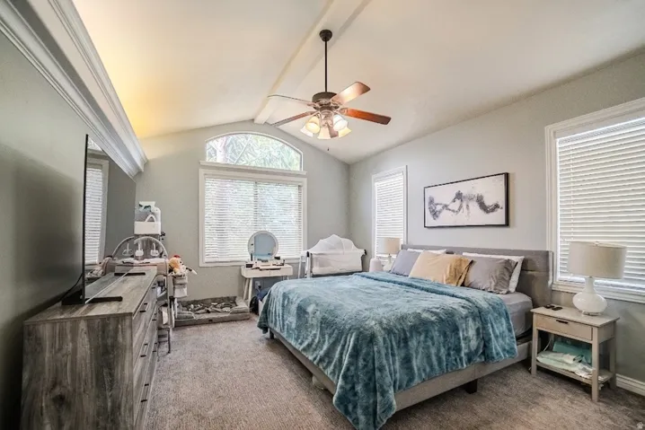 Vaulted ceiling with exposed beam, arched transom window, dual side windows with blinds, ceiling fan with integrated lighting, and carpeted flooring