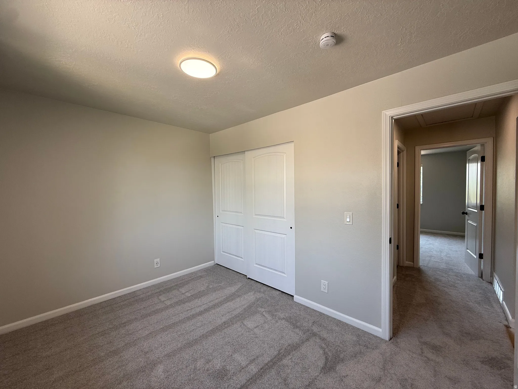Neutral-toned room featuring light gray carpeting and white baseboards