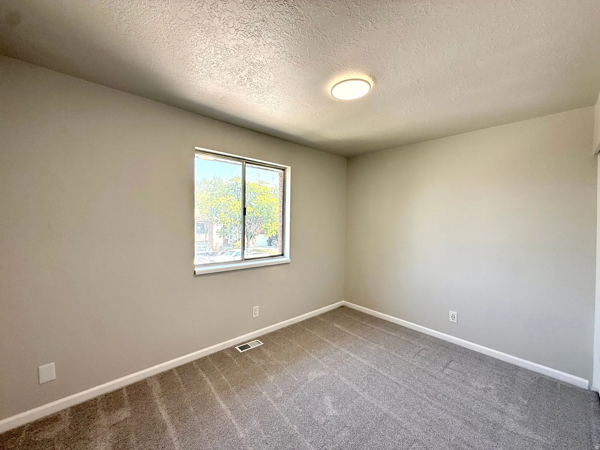 Carpeted room with a single window, a flush-mount ceiling light, and light-colored walls