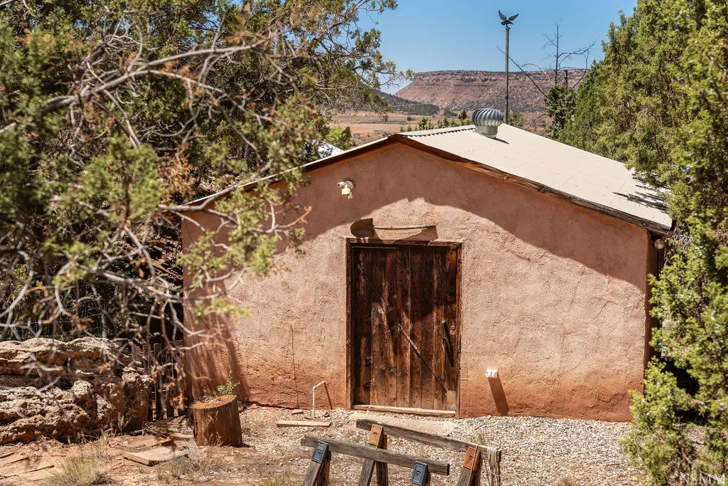 Charming adobe-style dwelling featuring authentic stucco exterior walls in warm terracotta tones, a gabled roof with light-colored finish, and a solid wood entry door