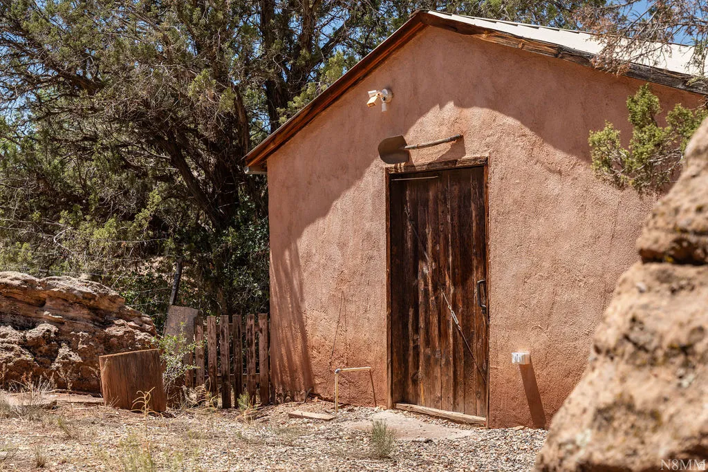 Stucco-finished outbuilding with a weathered wood door and an exposed rafter roofline