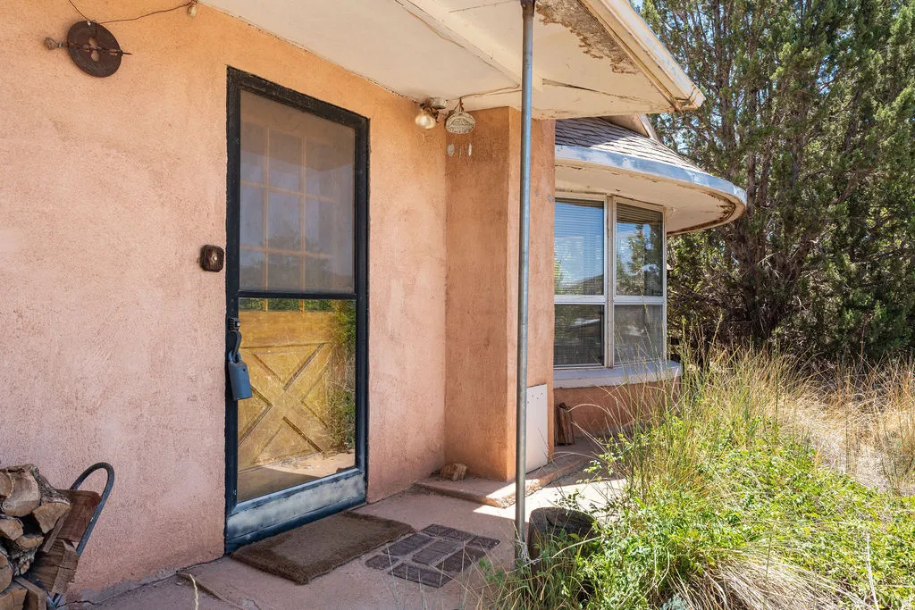 Stucco exterior featuring a dark-framed screen door with a partial glass panel