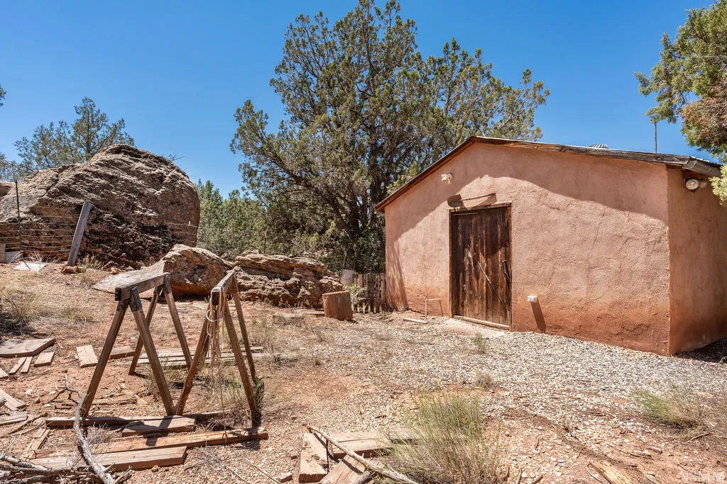 Adobe-style structure featuring a natural wood door, textured stucco exterior, and a sloped roof