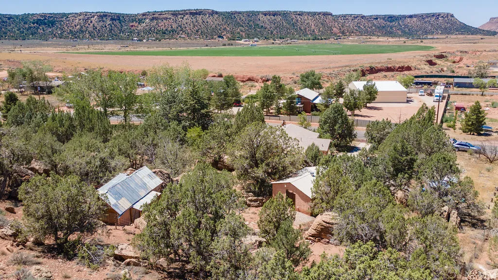 Aerial perspective showcasing multiple structures amidst abundant mature trees