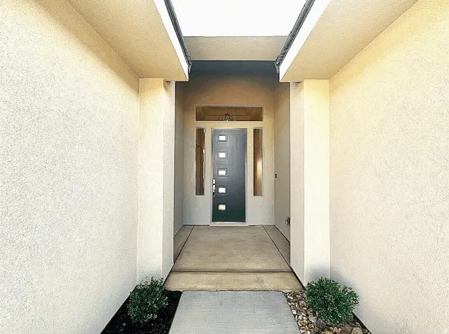Contemporary entry featuring a dark-toned door with frosted glass accents, transom window, and twin sidelights