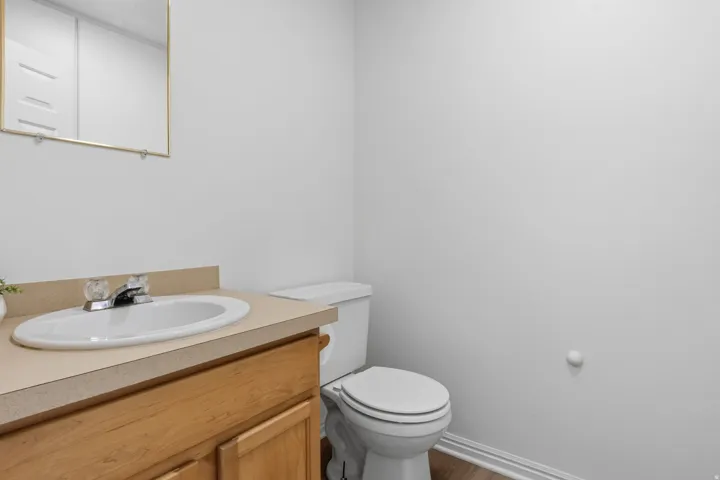 Bathroom featuring a light wood-finish vanity with a beige countertop and integrated oval sink
