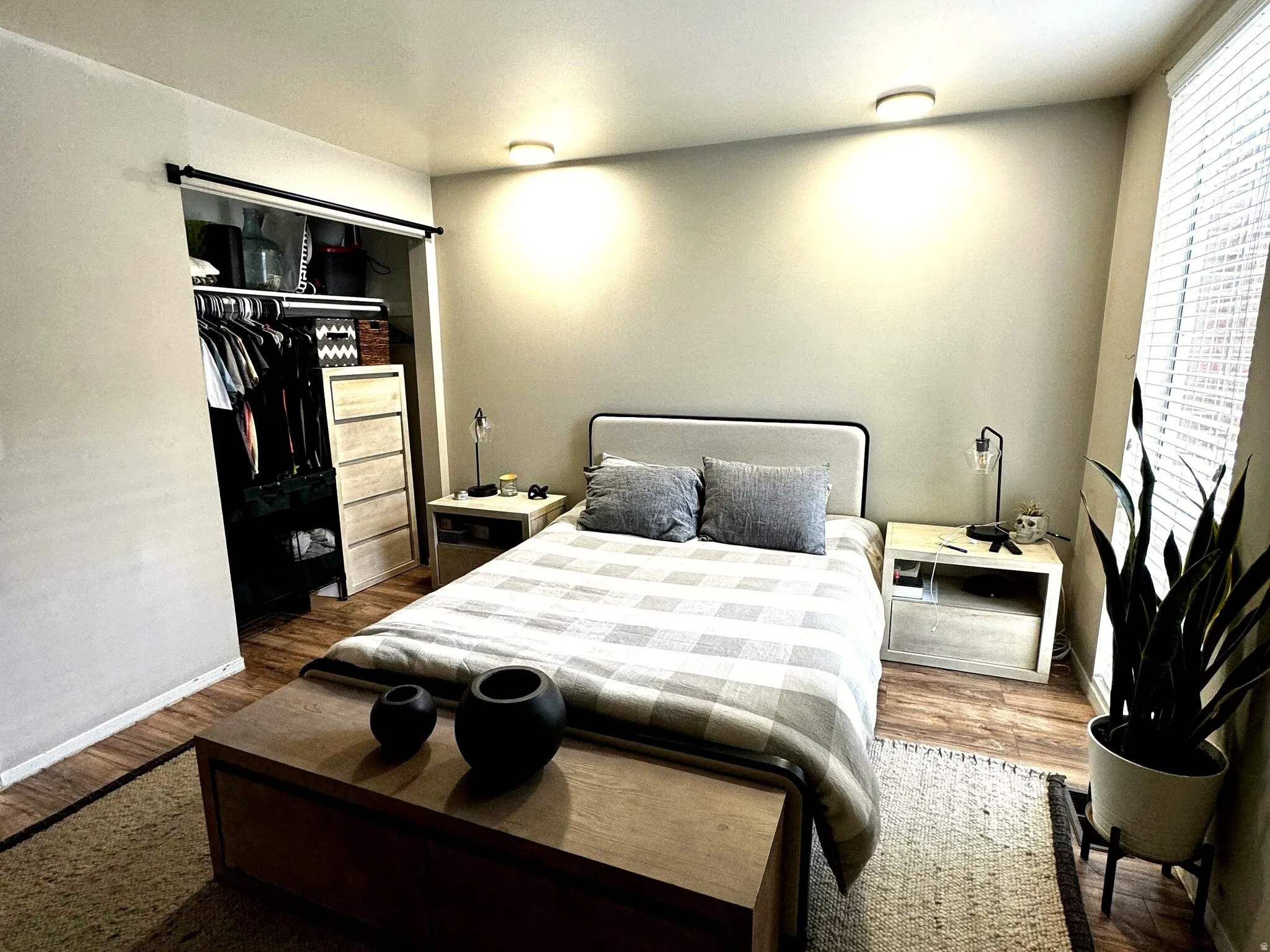 Bedroom featuring wood-finish flooring, two ceiling-mounted light fixtures, a window with horizontal blinds, and a built-in closet with sliding barn door hardware