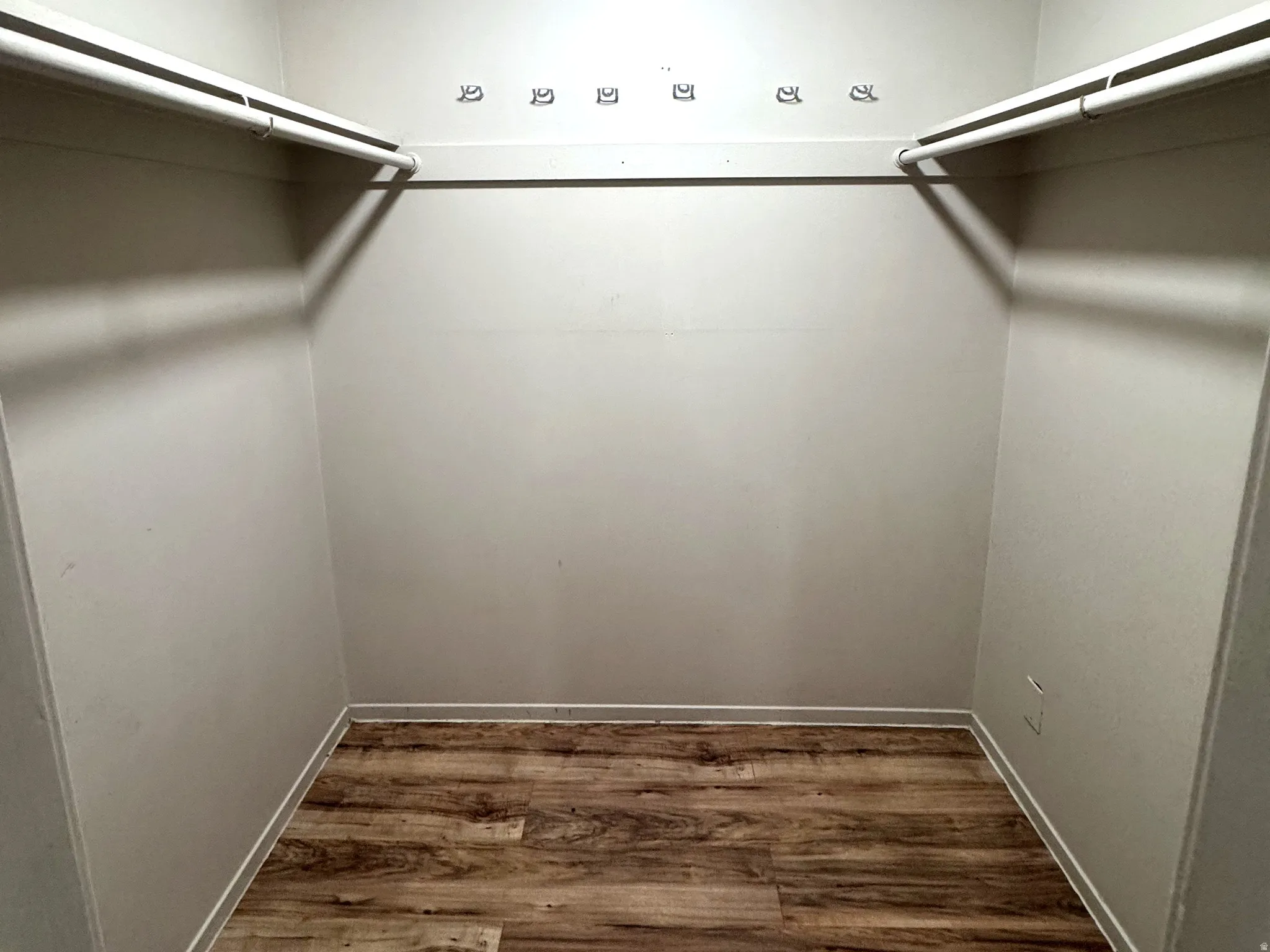 Closet interior featuring wood-finish flooring, white walls, and built-in shelving with hanging rods