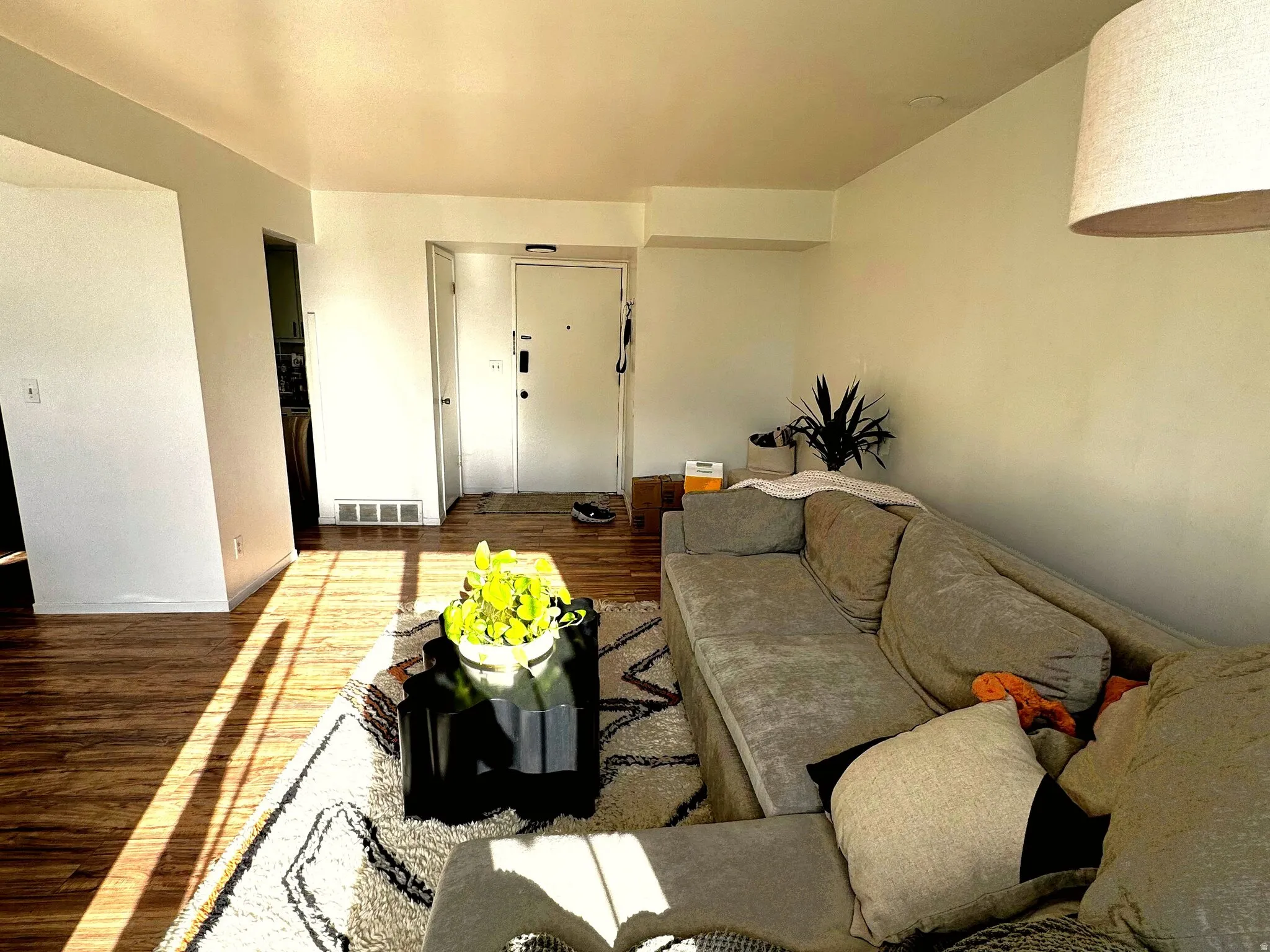 Living room featuring wood-finish flooring, white walls, and a prominent entry door
