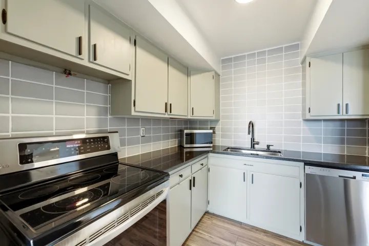 Kitchen featuring a stainless steel electric range, stainless steel dishwasher, light-toned cabinetry, dark countertops, and a full tile backsplash
