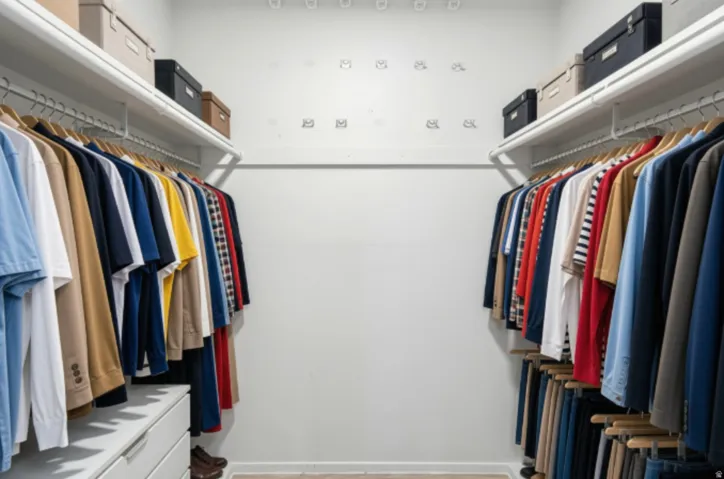 Walk-in closet featuring built-in shelving, dual hanging rods, and integrated drawer storage