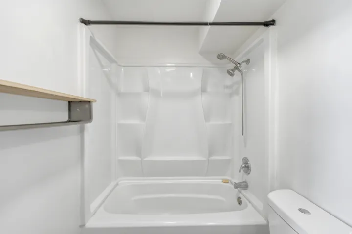 Bathtub with an integrated shower, wall-mounted showerhead, and a white one-piece toilet