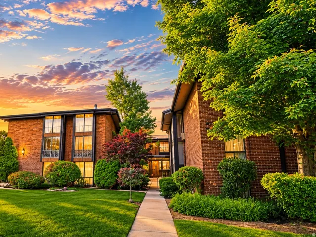 Brick exterior multi-story building featuring large windows, a paved walkway, mature trees, and established shrubbery