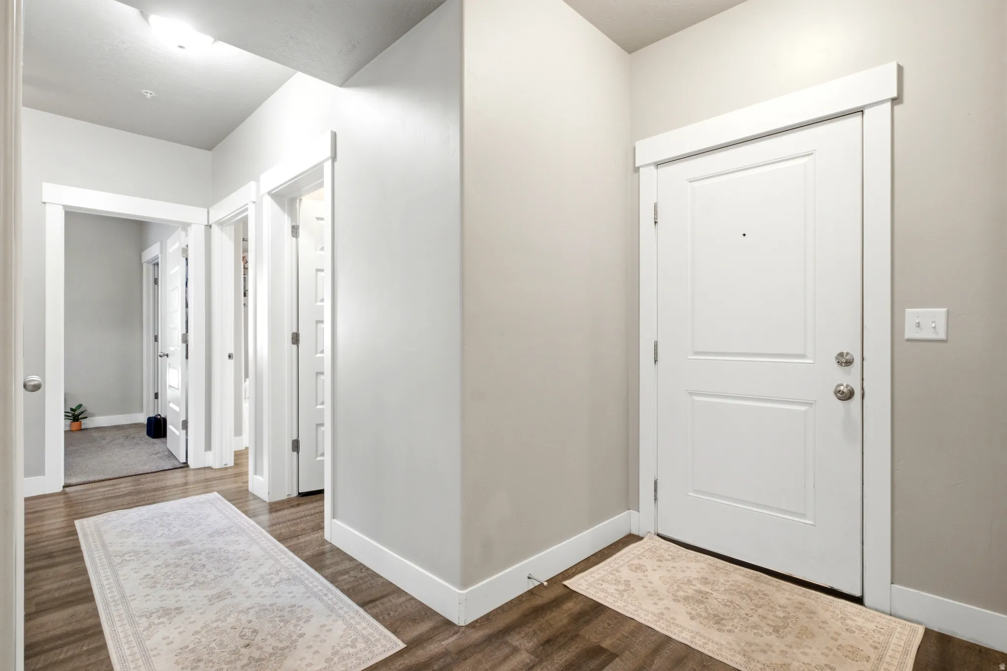 Entryway featuring wood-finish flooring, light gray walls, and white trim