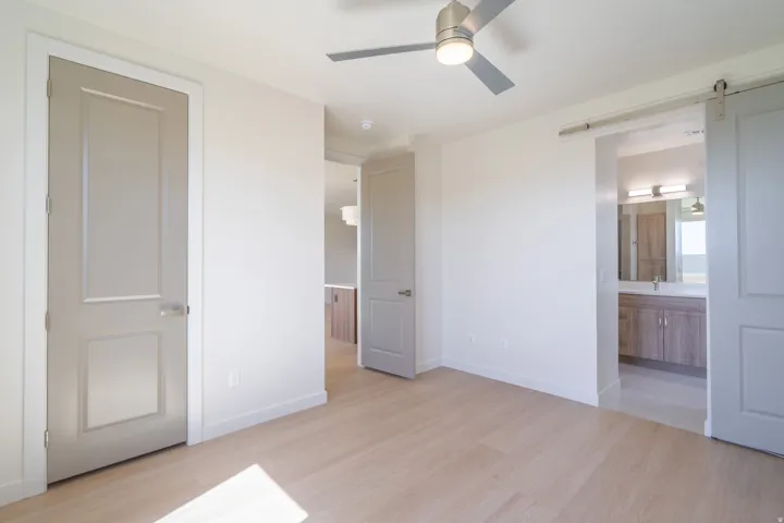 Spacious primary bedroom featuring light wood-finish flooring, multiple entry doors with white six-panel frames, a ceiling fan with integrated lighting, and abundant natural light