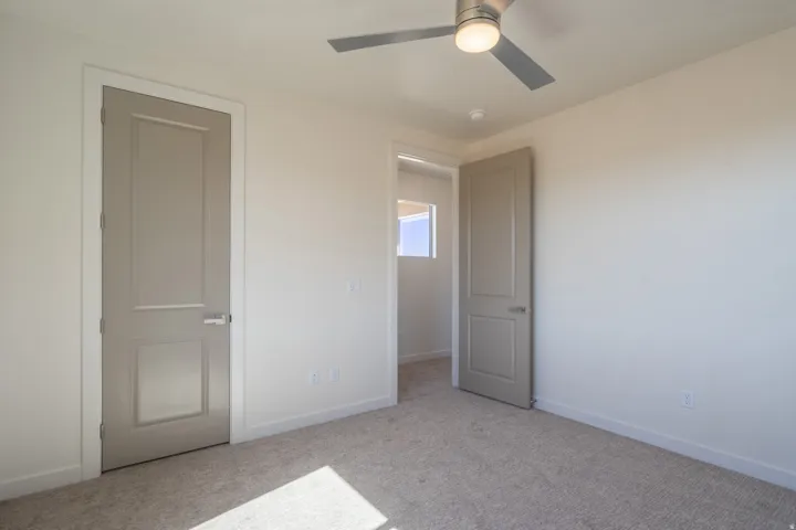 Spacious bedroom with neutral wall finishes, plush carpeting, and multiple closet access points