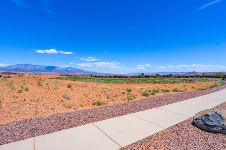 Expansive vacant lot featuring clean concrete walkways, decorative rock landscaping, and mature vegetation