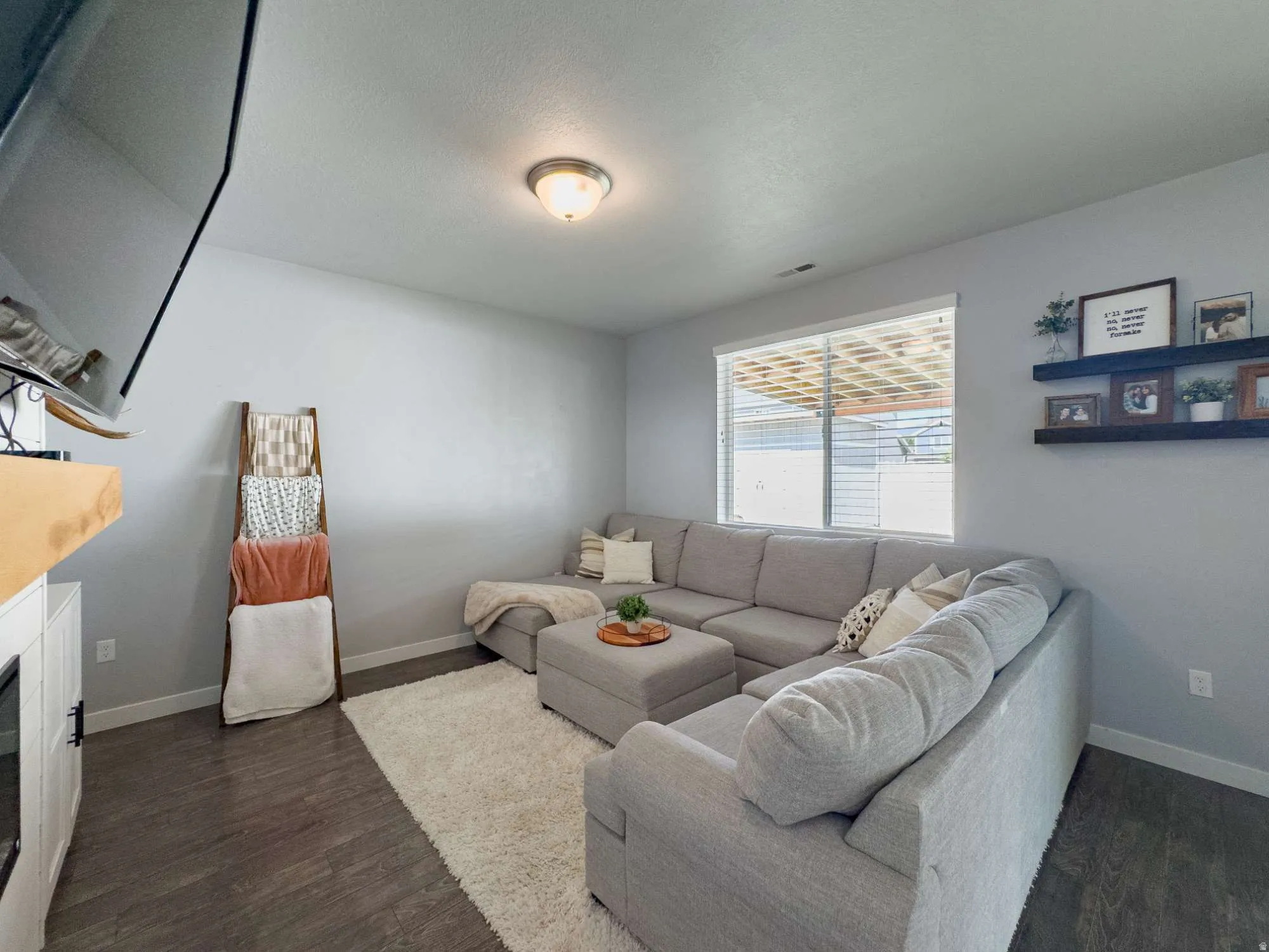 Spacious living room anchored by a sectional sofa arrangement and wood-finish flooring