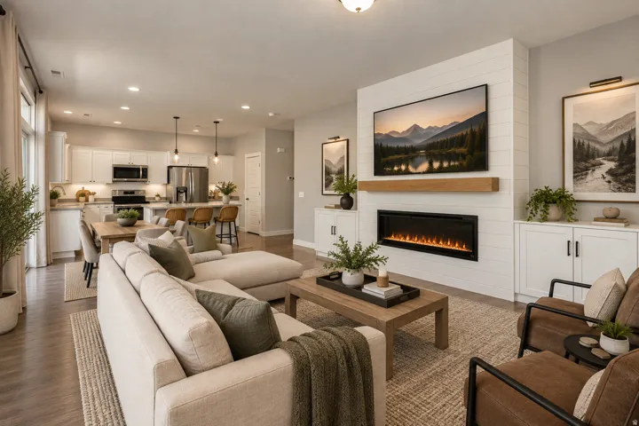 Open-concept living area with wood-finish flooring, a contemporary electric fireplace with a wood-finish mantel, and an integrated kitchen featuring white cabinetry and stainless steel appliances