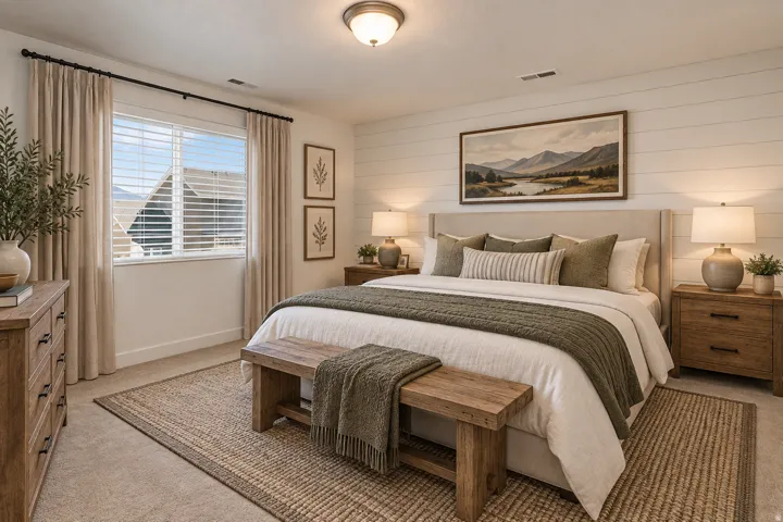 Spacious bedroom featuring a shiplap accent wall, large window with blinds, and ceiling-mounted light fixture