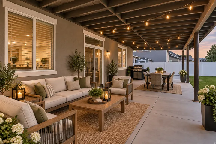 Spacious covered patio with string lighting, multiple seating areas, a privacy fence, and a manicured lawn