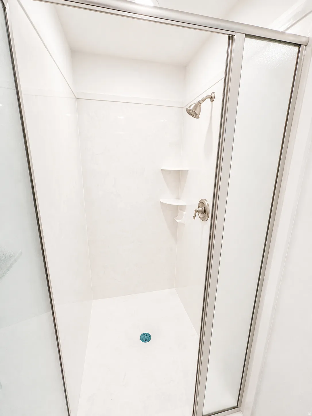 Master shower enclosure featuring a brushed nickel showerhead and faucet, white paneling, integrated corner shelving, and a clear glass sliding door with a brushed nickel frame
