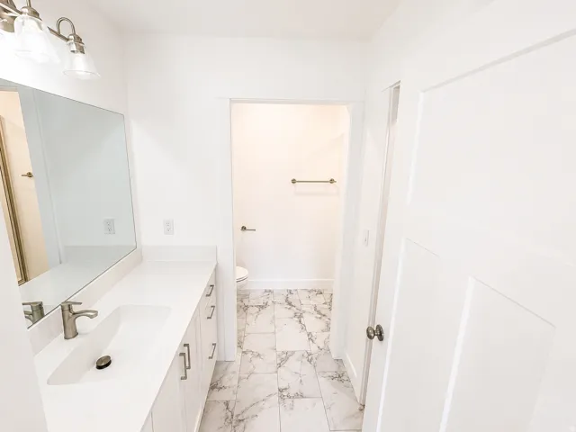 Master bathroom vanity area featuring a wide sink basin, brushed nickel faucet, large wall-mounted mirror, and overhead lighting fixture